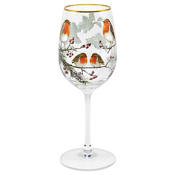 Robin Christmas Wine Glass with Gold Rim