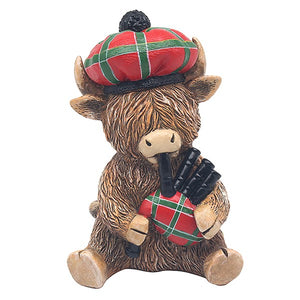 Highland Cow With Red & Green Tartan Hat & Bag Pipes