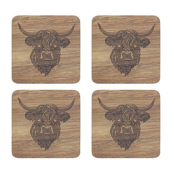 Wood Highland Cow Coasters Set of 4