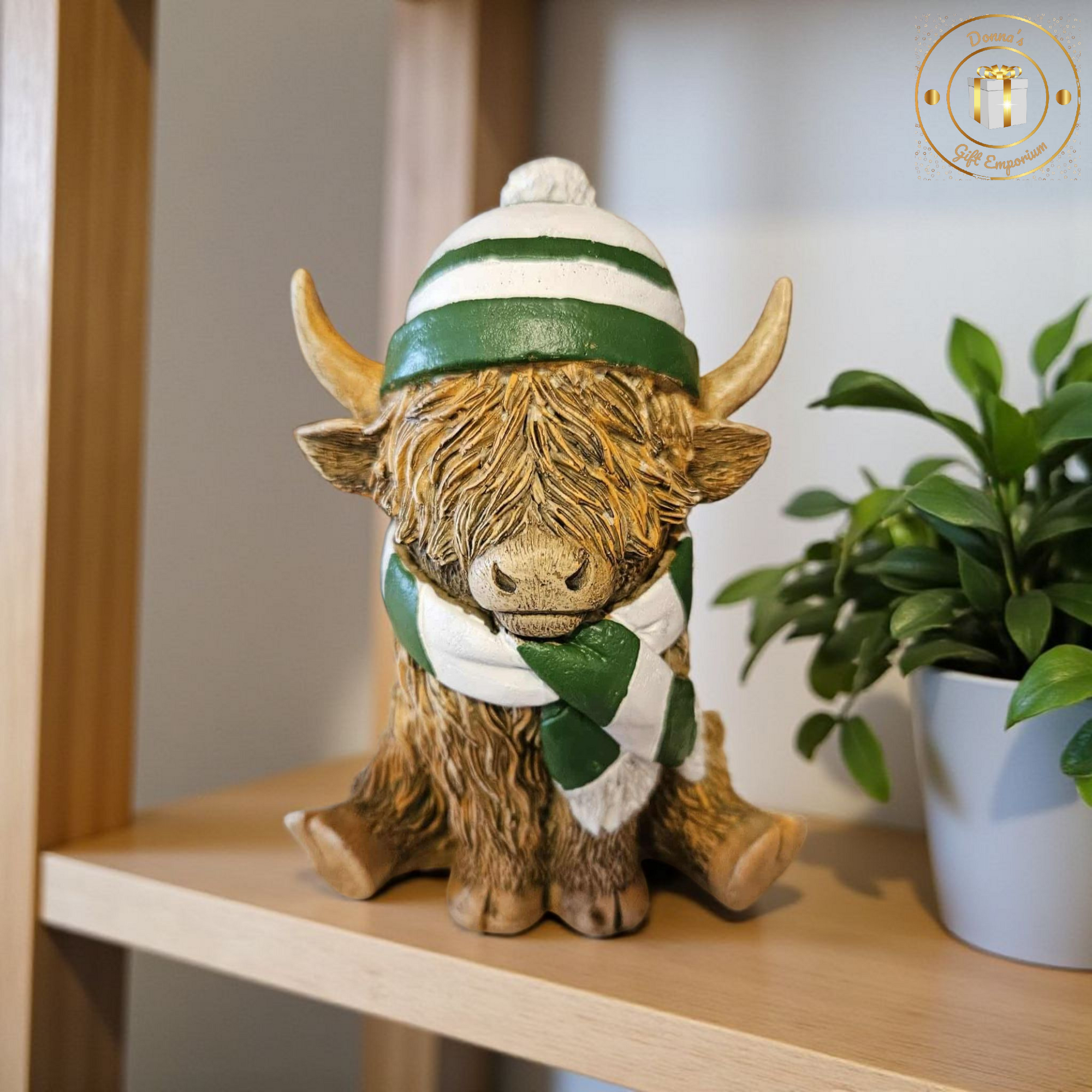 Highland Cow With Green Hat & Scarf