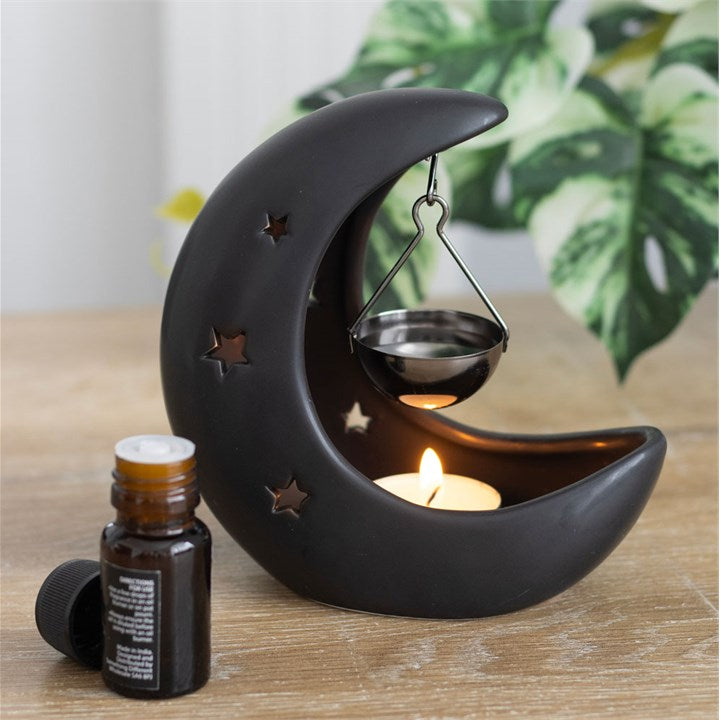 Black Cresent Moon Hanging Oil Buner With Gold Dish