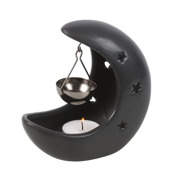 Black Cresent Moon Hanging Oil Buner With Gold Dish