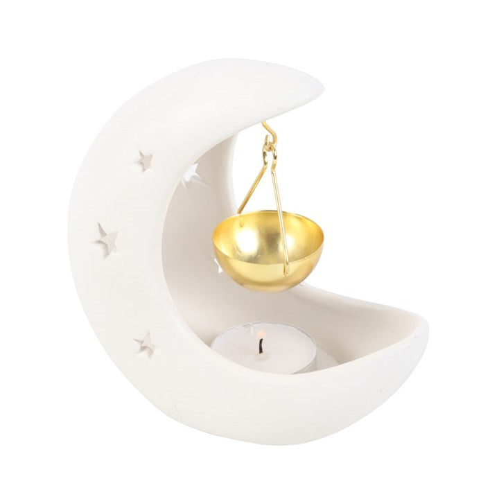 White Cresent Moon Hanging Oil Burner With Gold Dish