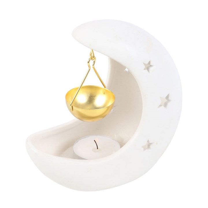 White Cresent Moon Hanging Oil Burner With Gold Dish