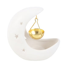 Load image into Gallery viewer, White Cresent Moon Hanging Oil Buner With Gold Dish
