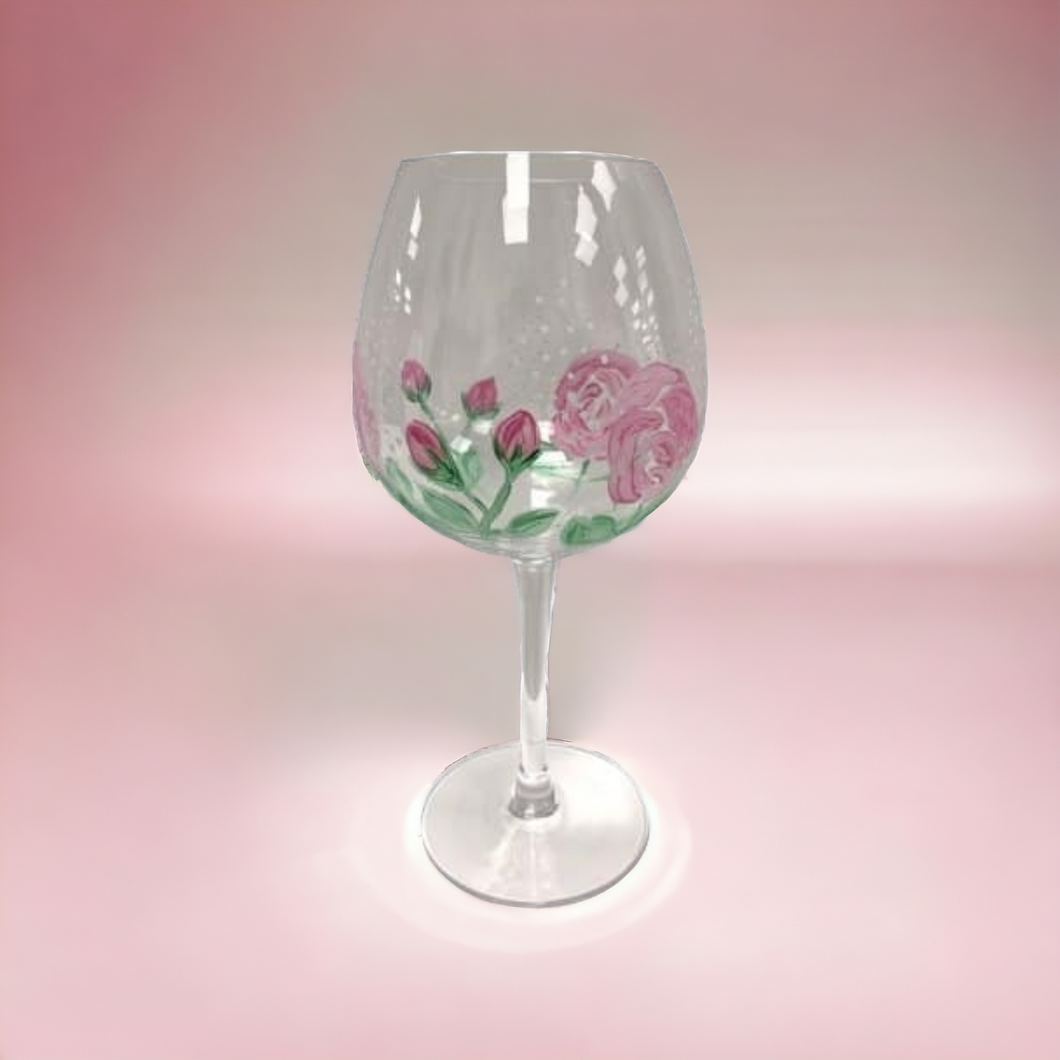 Pink Rose Hand Painted Wine Glass