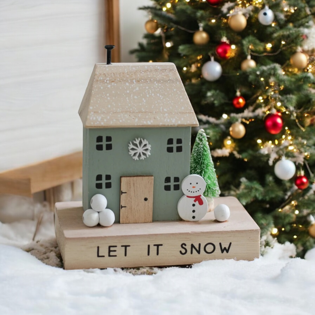 Let It Snow Wooden House Block With Snowman