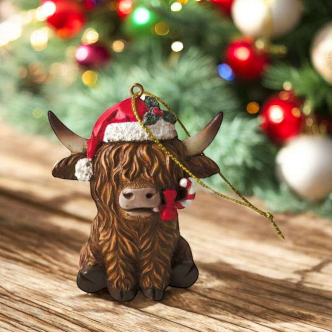 Highland Cow With Candycane Tree Decoration