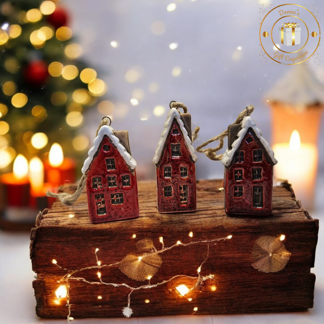 Red Ceramic Christmas Houses - Set of 3