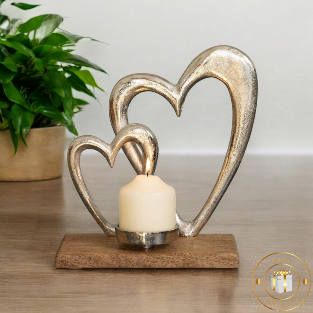 Mango Wood Double Heart Candle Holder