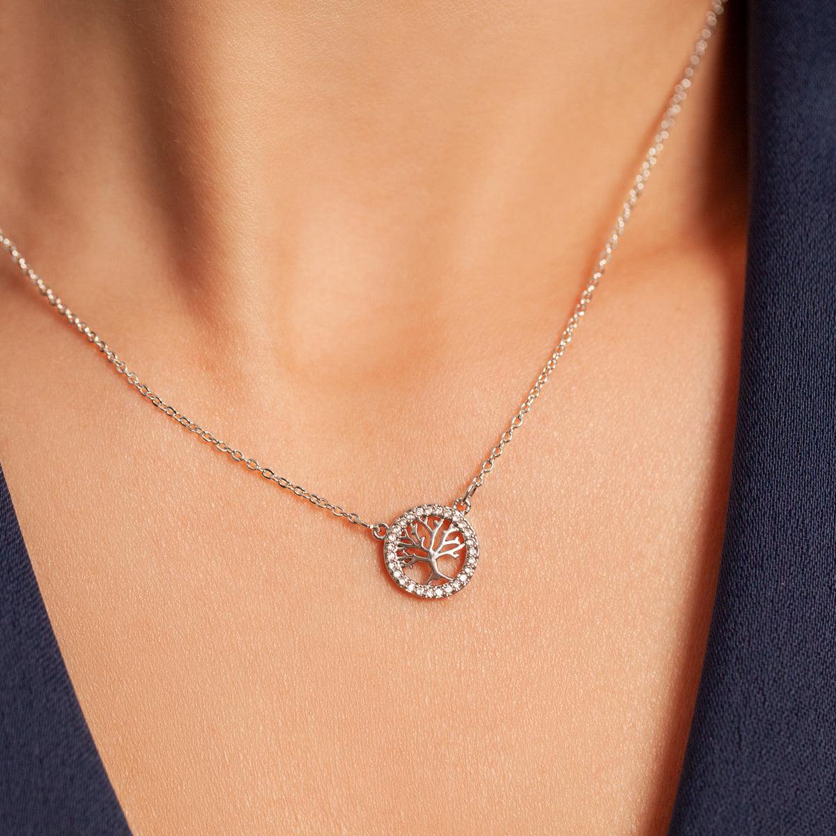 Tree of Life Pendant Necklace In White Gold & Cubic Zirconia