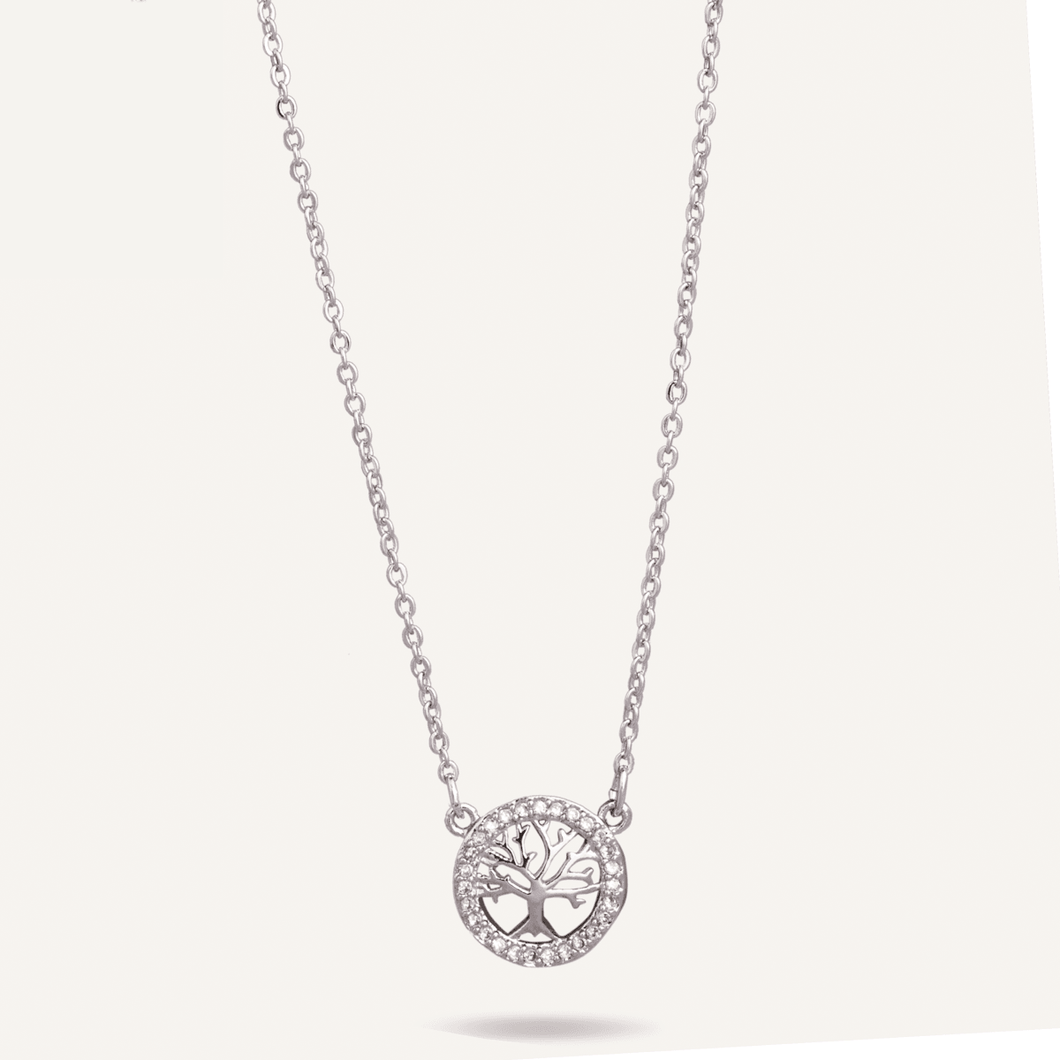 Tree of Life Pendant Necklace In White Gold & Cubic Zirconia