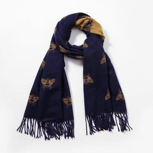 Cashmere Bees Scarf - Navy/Mustard