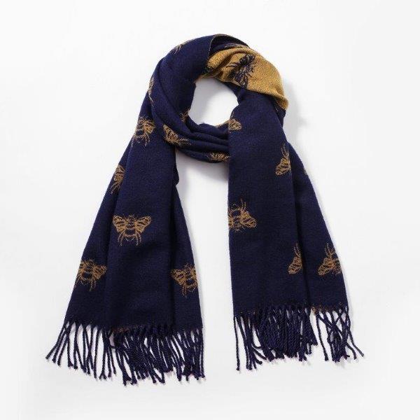 Cashmere Bees Scarf - Navy/Mustard