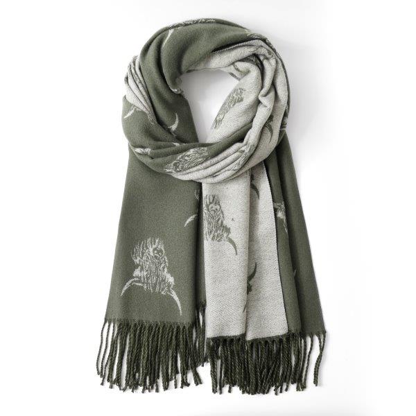 Cashmere Highland Cow Scarf - Olive/Grey