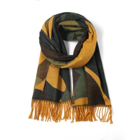 Cashmere Reversible Leaves Scarf – Mustard & Green