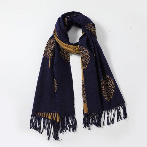 Cashmere Tree Of Life Scarf - Navy/Mustard