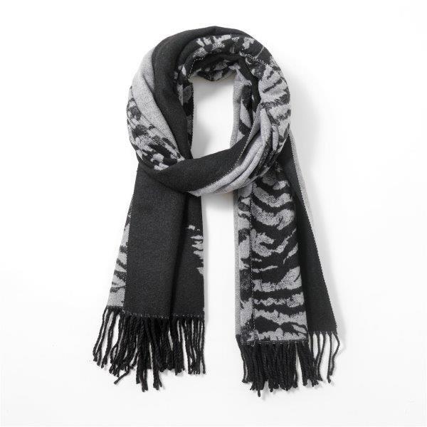 Cashmere Reversible Zebra Print Scarf - Black/Grey