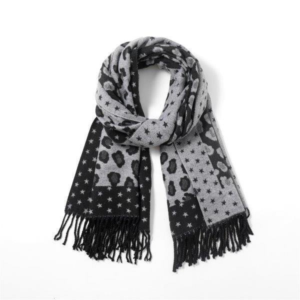 Cashmere Reversible Leopard Print & Stars Scarf - Black/Grey