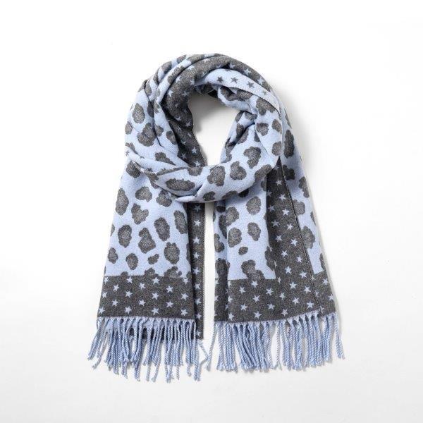 Cashmere Reversible Leopard Print & Stars Scarf - Pale Blue/Grey
