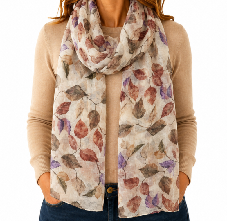 Autumn Leaves Shimmer Scarf - Watercolour Leaf Print - Lightweight