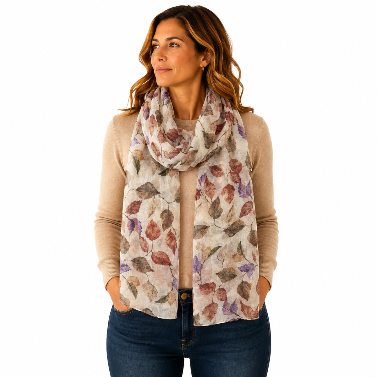 Autumn Leaves Shimmer Scarf - Watercolour Leaf Print - Lightweight Autumn Scarf