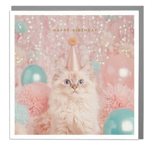 Happy Birthday Card Cat With Party Hat & Balloons