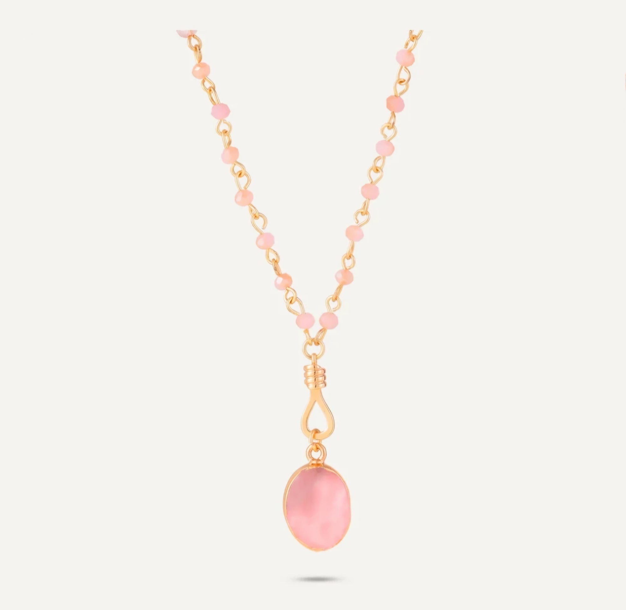 Venus Long Pink Crystal Necklace With Semi-Precious Stone Pendant In Gold-Tone