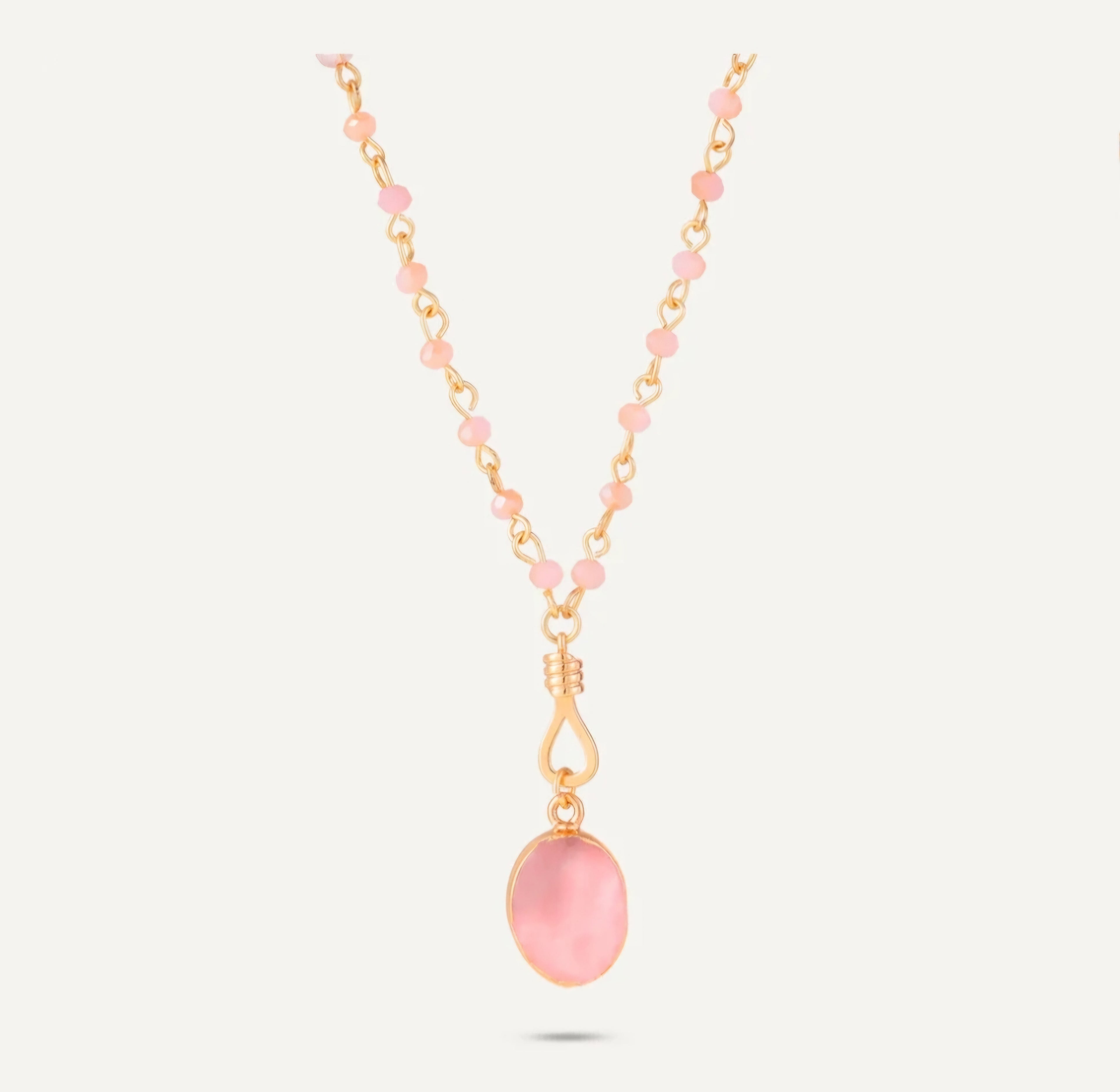 Venus Long Pink Crystal Necklace With Semi-Precious Stone Pendant In Gold-Tone