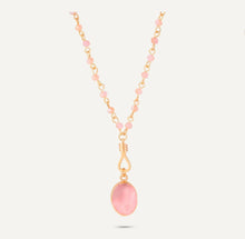 Load image into Gallery viewer, Venus Long Pink Crystal Necklace With Semi-Precious Stone Pendant In Gold-Tone
