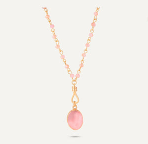 Venus Long Pink Crystal Necklace With Semi-Precious Stone Pendant In Gold-Tone