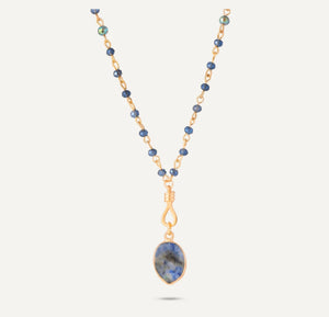 Venus Long Blue Crystal Necklace With Semi-Precious Stone Pendant In Gold-Tone