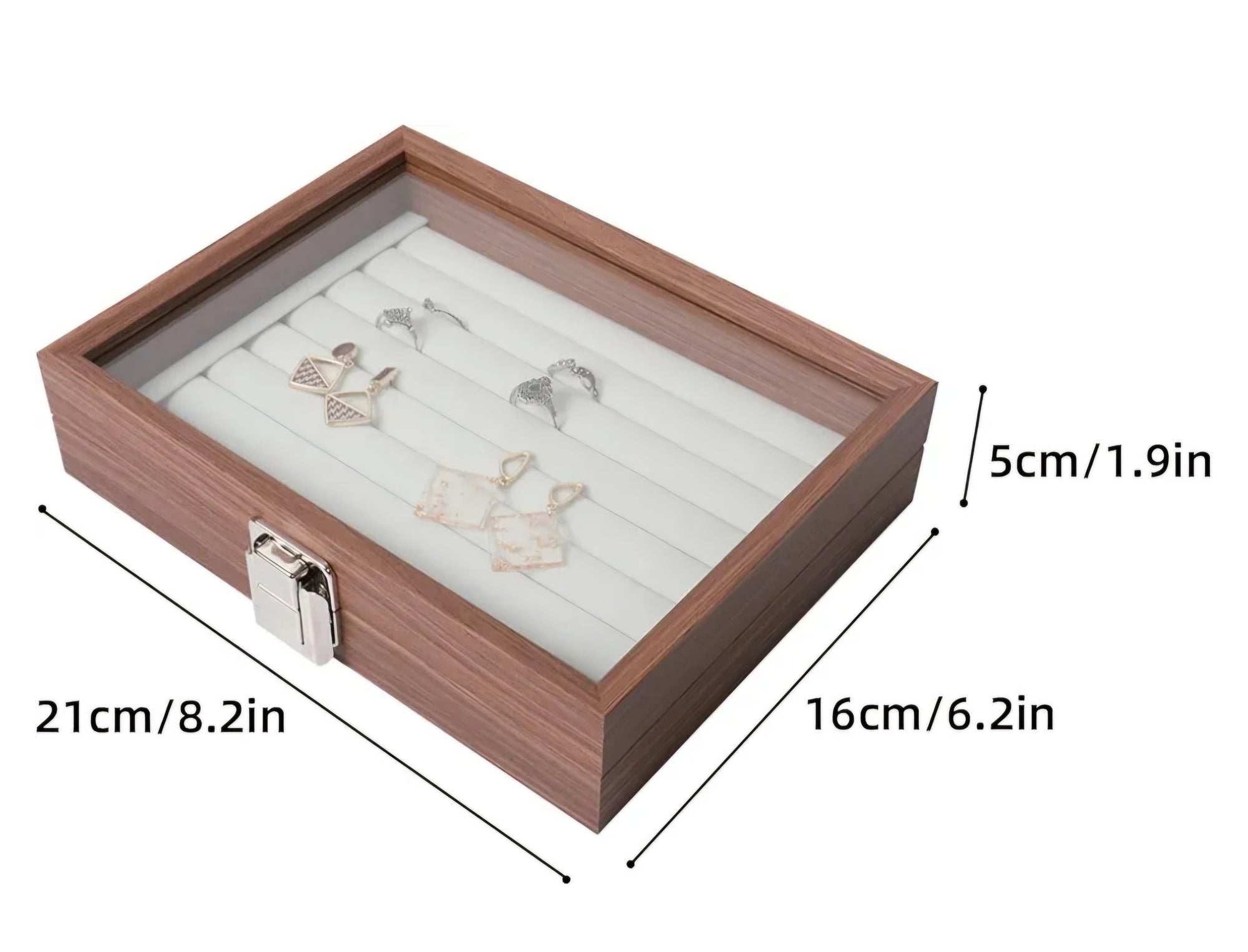 Jewellery Ring Organizer Tray with Glass Lid 7 Slots Ring Display Tray Wooden