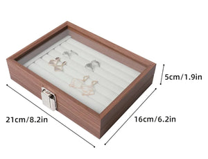 Jewellery Ring Organizer Tray with Glass Lid 7 Slots Ring Display Tray Wooden