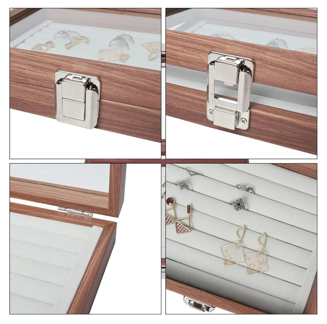 Jewellery Ring Organizer Tray with Glass Lid 7 Slots Ring Display Tray Wooden