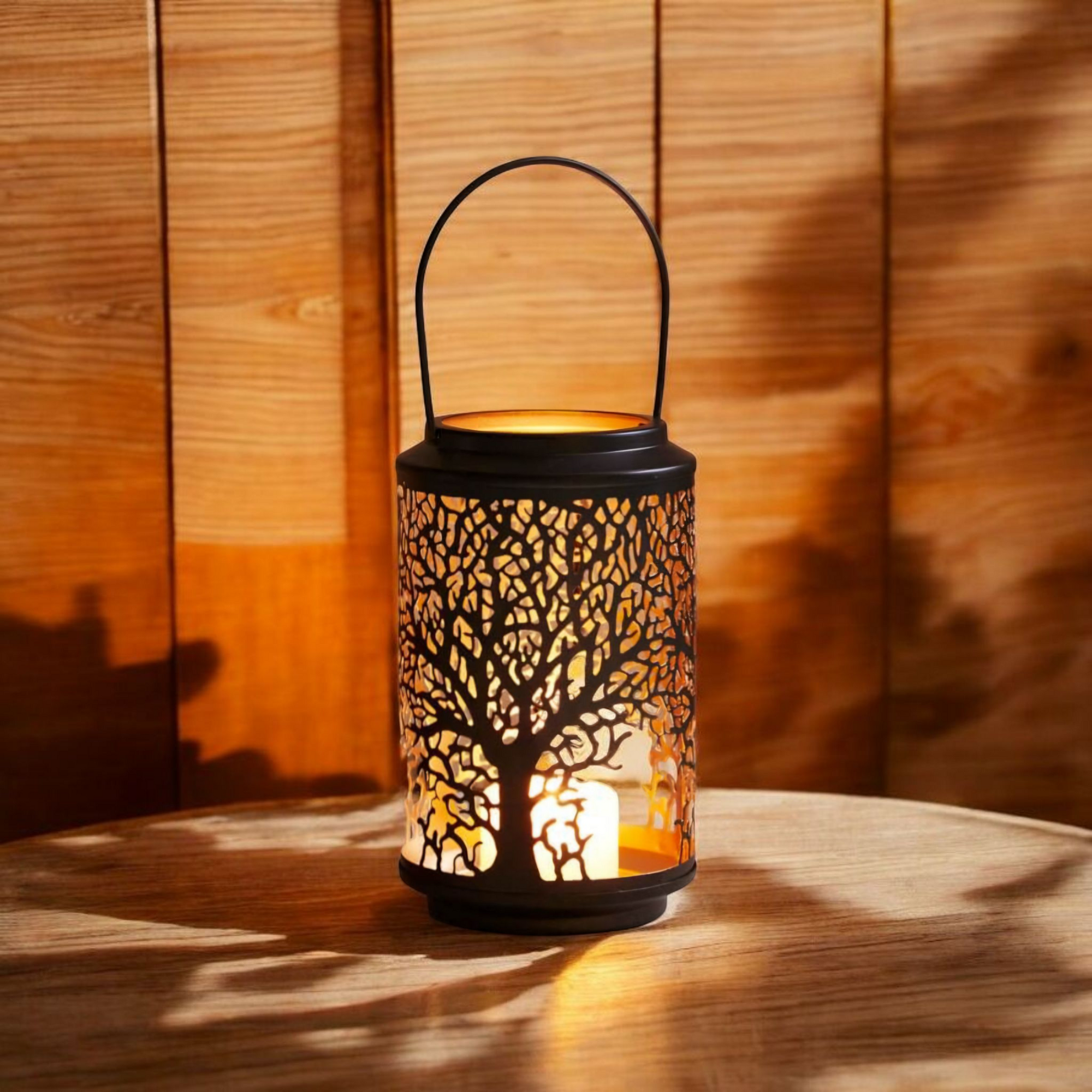 Tree of Life Black and Gold Metal Lantern