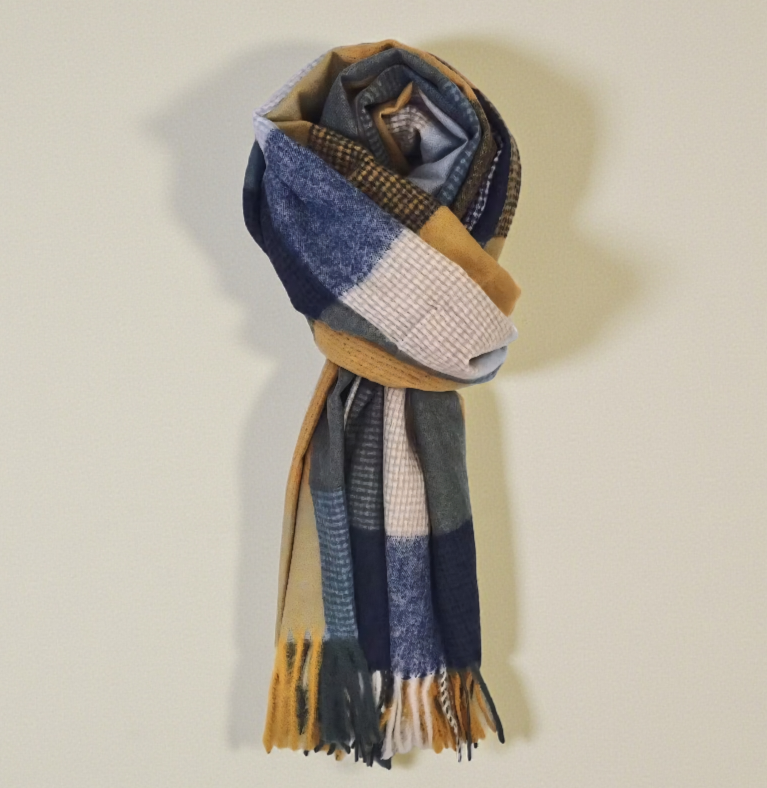 Soft Checked Scarf - Blue & Mustard