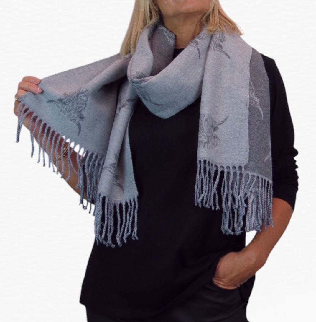 Cashmere Highland Cow Scarf - Sky Blue/Grey