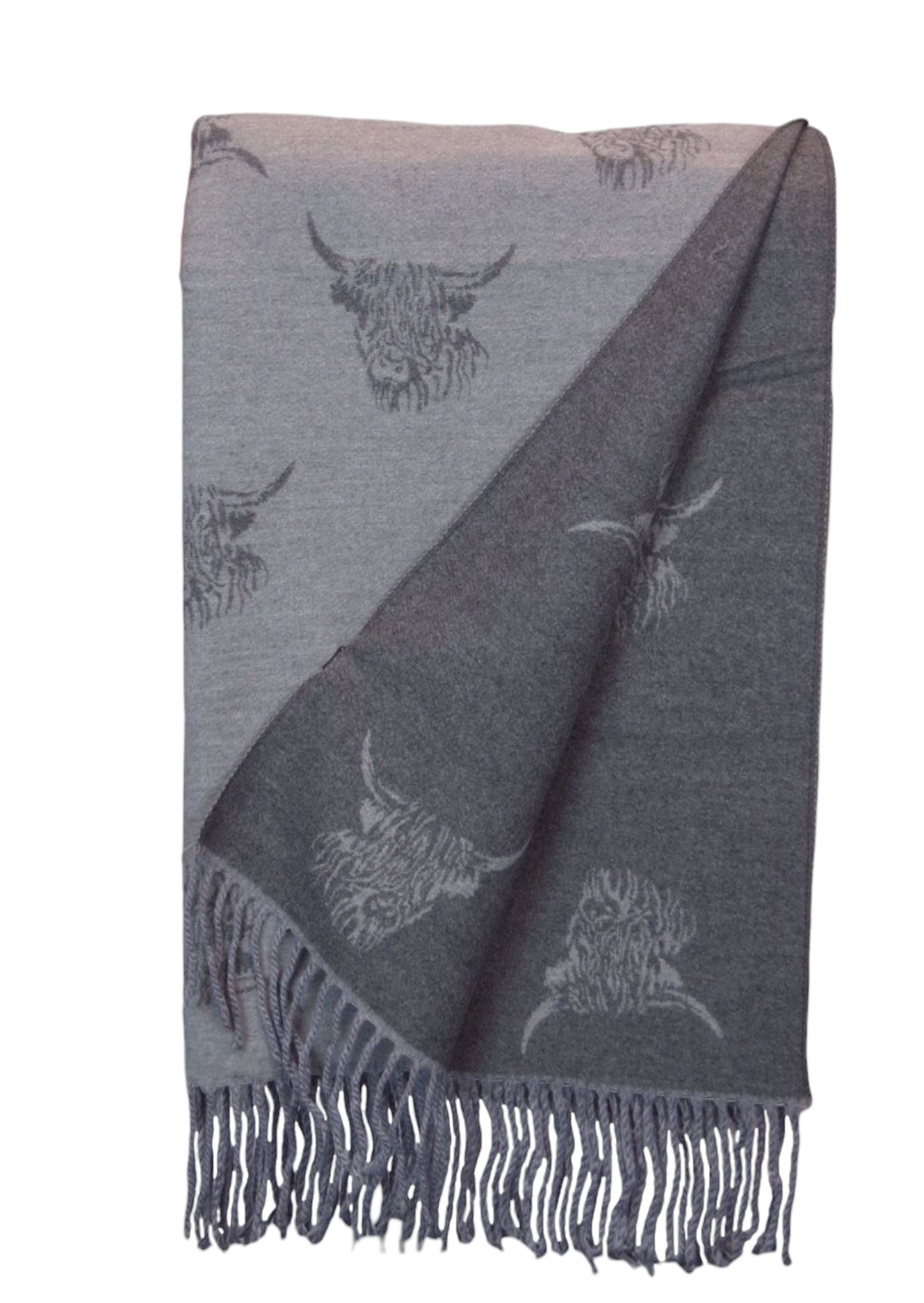 Cashmere Highland Cow Scarf - Sky Blue/Grey