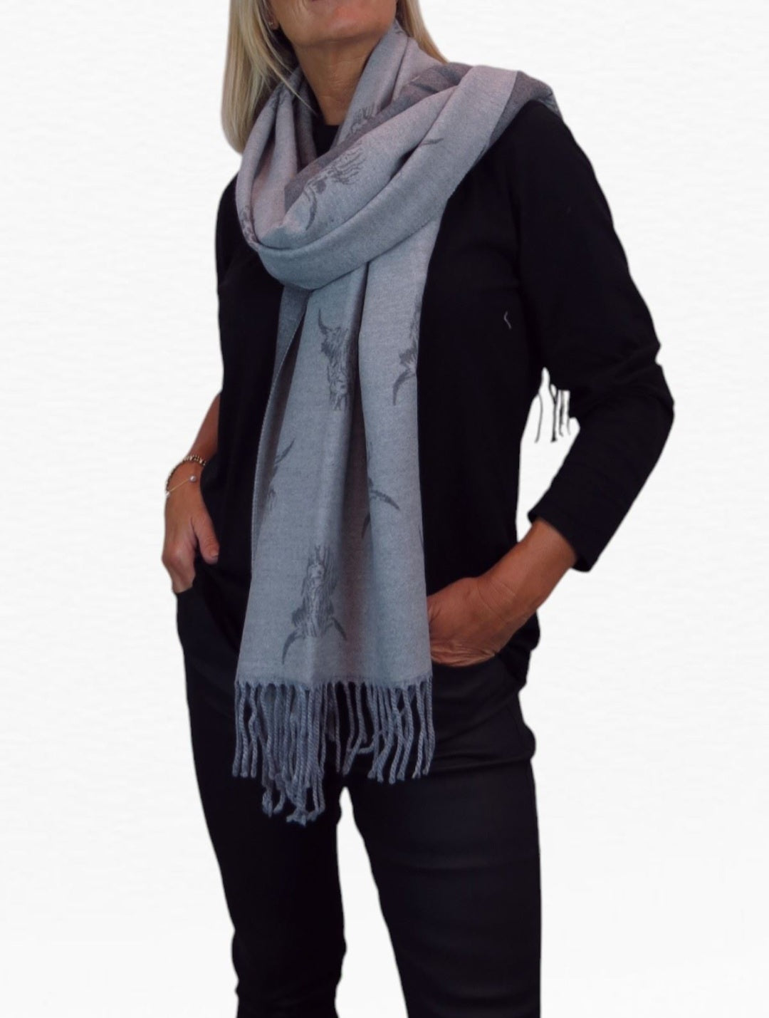 Cashmere Highland Cow Scarf - Sky Blue/Grey