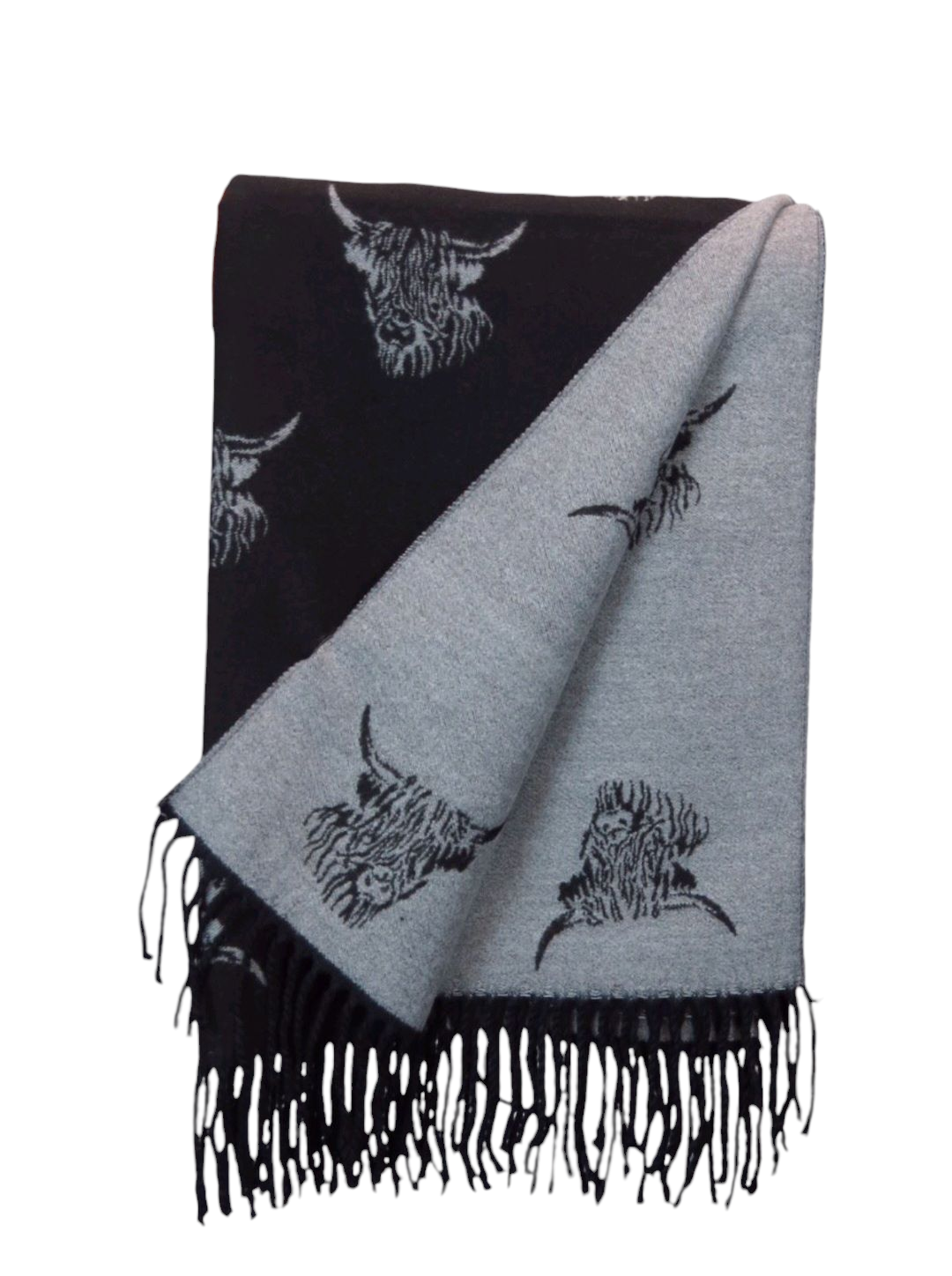 Cashmere Highland Cow Scarf - Grey/Black