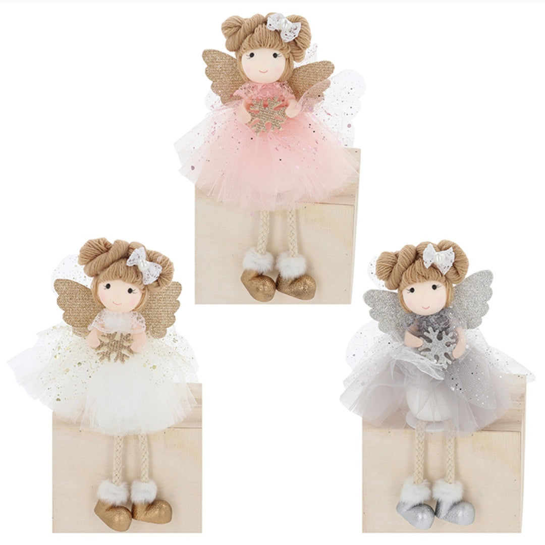 Festive Angel Shelf Sitters - White Silver Pink With Snowflakes