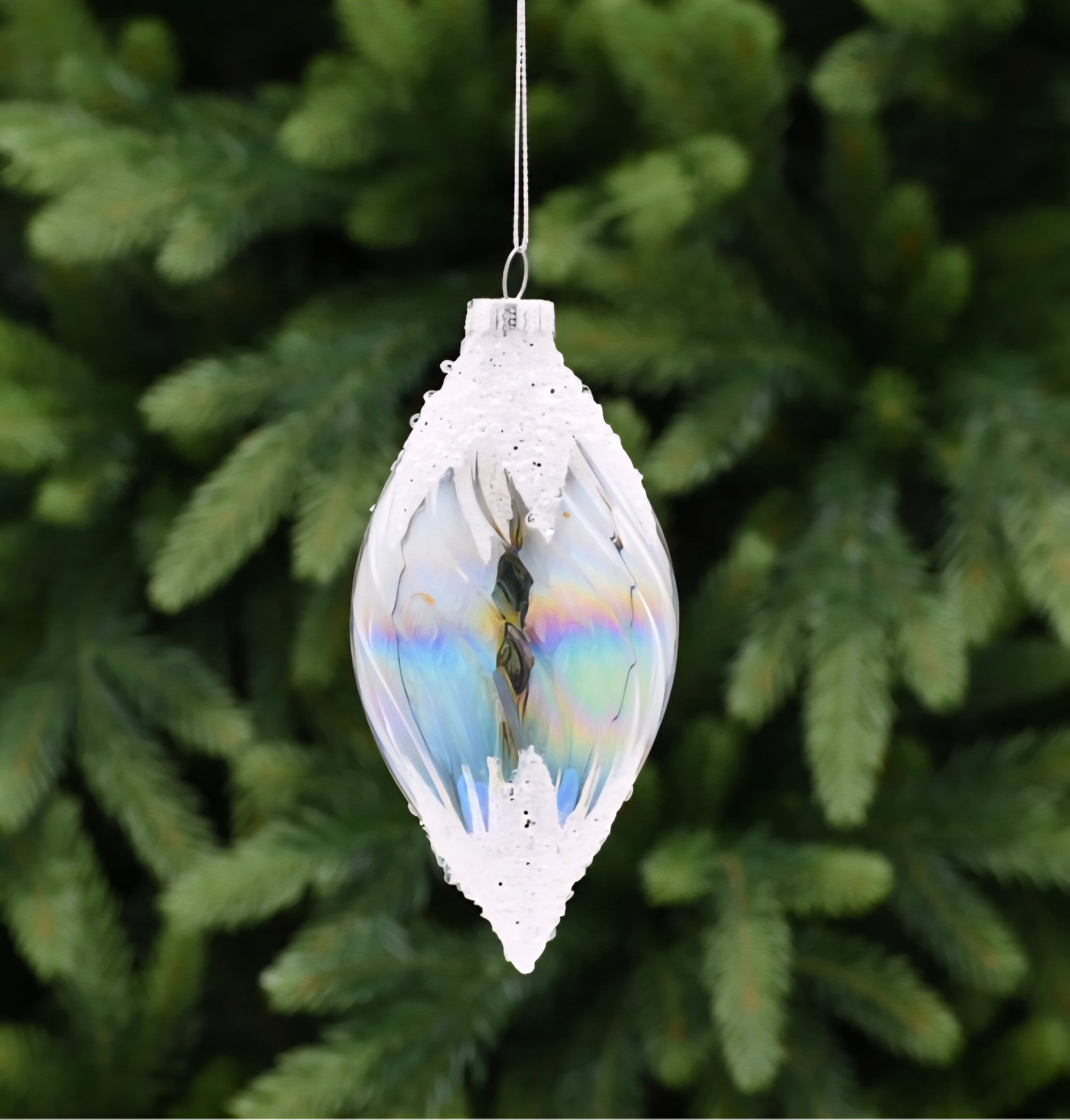 Clear Iridescent Glass Drop Glitter Bauble - 13cm