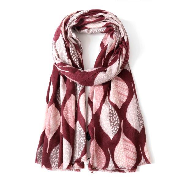 Two Tone Leaves Scarf – Red - 20% Wool