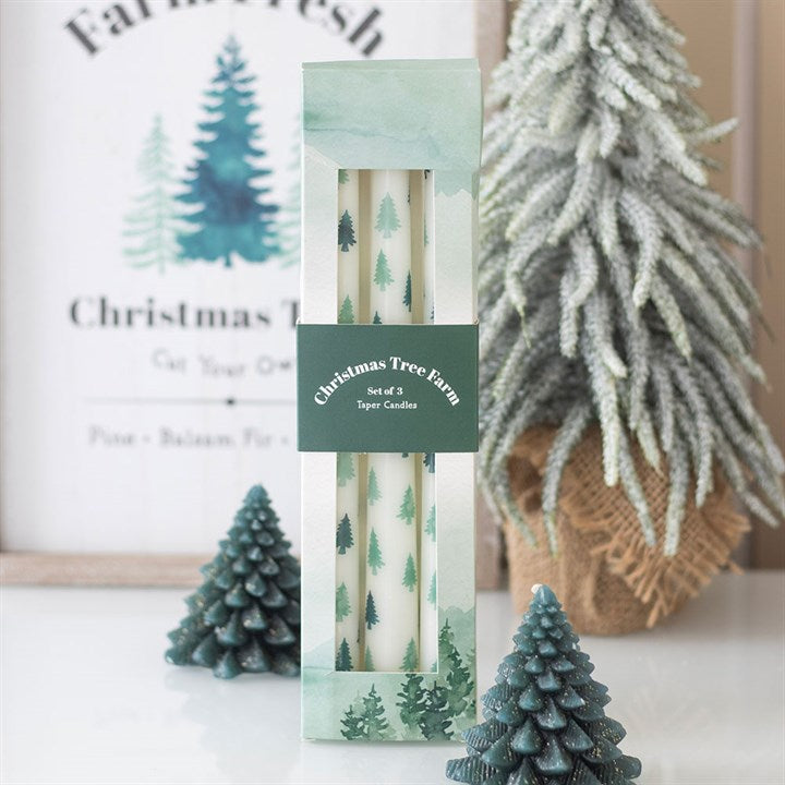 Set of 3 White & Green Fir Tree Candles