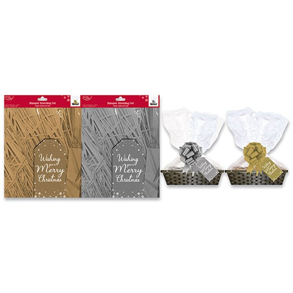 North Pole Hamper Dressing Set - Gold / Silver - Shredded Tissue, Bow, Tag & Cellophane