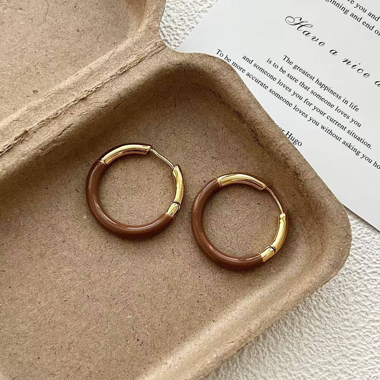 Half Enamel Hoop in Brown & Gold