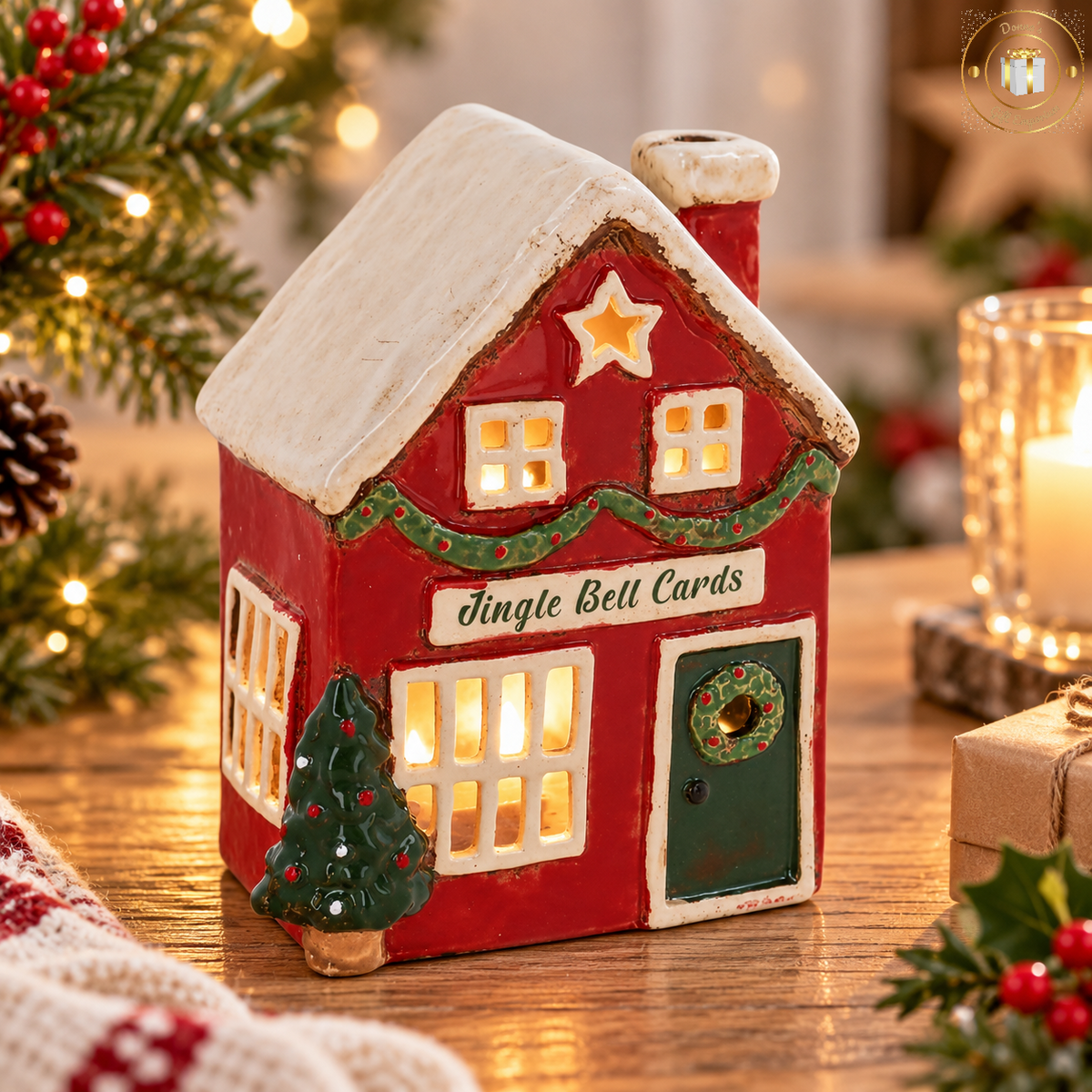 Village Pottery Jingle Bell Cards Christmas Tealight Holder