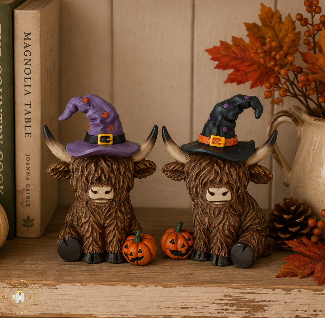 Witchy Halloween Highland Cows With Pumpkins