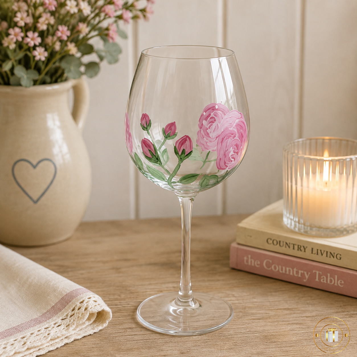 Pink Rose Hand Painted Wine Glass